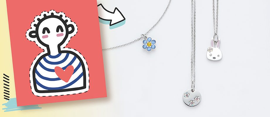 Schmuck für Kinder Ein grafisches Design mit einer Figur und zwei Schmuckstücken in elegantem Stil.