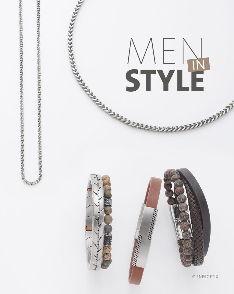 Schmuck für Herren Drei elegante Armbänder und eine Kette, beschriftet mit "Men in Style".